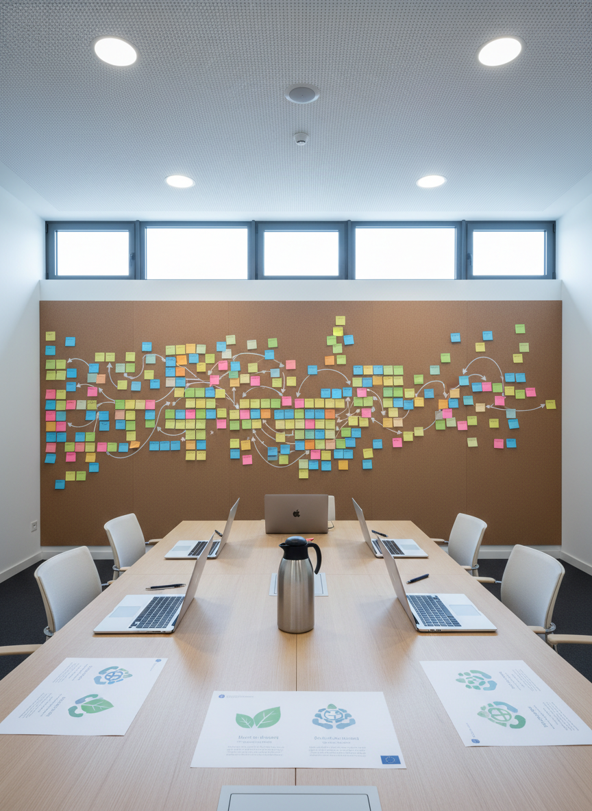 A clean, contemporary training room dedicated to Erasmus+ project work, featuring a large corkboard wall filled with colorful, text-free sticky notes and arrows forming interconnected project timelines. On a central table, there are open laptops, printed infographics using icons about sustainability and social inclusion, and a reusable metal coffee flask. Cool, diffused daylight enters through high windows, balanced by discreet ceiling lights, creating even illumination with minimal shadows. The atmosphere is organized, collaborative, and forward-looking. Photographic realism, captured from a slightly elevated, wide-angle perspective with sharp focus across the entire room, highlighting the structured workspace and subtle European design touches that suggest international cooperation and professional adult education.