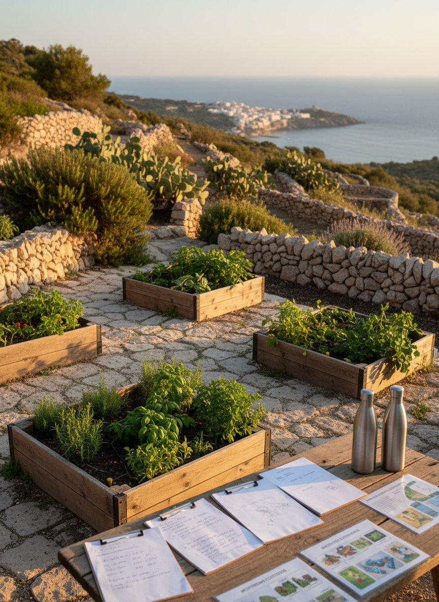 An outdoor environmental education workshop set in a terraced hillside overlooking Castellabate, with low stone walls, native Mediterranean shrubs, and raised wooden garden beds filled with herbs and vegetables. In the foreground, clipboards, reusable water bottles, and laminated diagrams about ecosystems rest on a rustic table made from reclaimed wood. Warm golden hour light bathes the scene, casting long, soft shadows and a tranquil glow on the landscape. Photographic realism from a slightly elevated angle, with sharp focus on the educational materials and the garden textures, while the distant sea and village remain gently blurred, creating a calm, inspiring atmosphere of adult learning in nature.