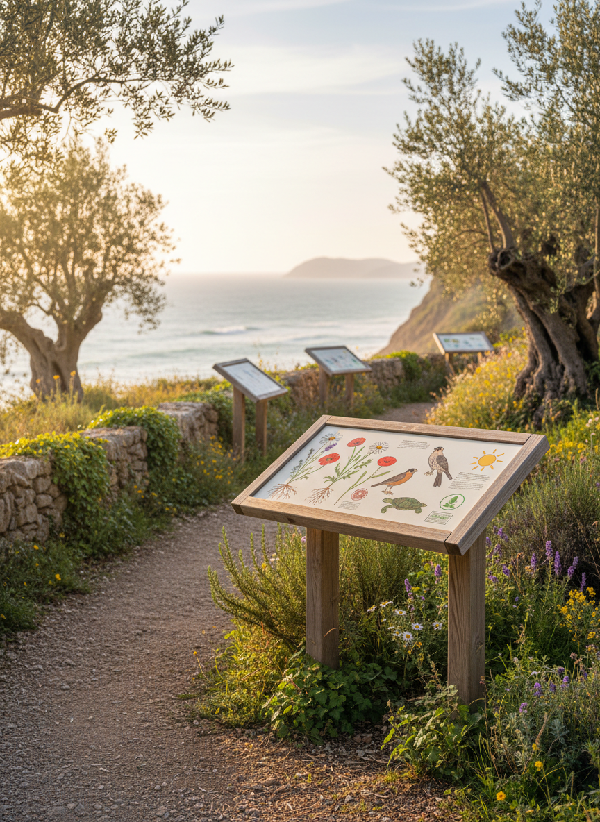 A serene coastal path near Castellabate transformed into an informal learning trail, with sturdy wooden information panels showing illustrated diagrams of local flora, fauna, and climate-friendly practices, all without visible text. The path is bordered by low stone walls, wildflowers, and olive trees, leading the eye toward a softly blurred view of the sea and distant headlands. Late afternoon sunlight filters through the branches, creating dappled patterns on the ground and a warm, contemplative glow. Photographic realism, composed using the rule of thirds from a standing, eye-level angle, with crisp focus on the nearest panel and surrounding plants, evoking peaceful, place-based environmental education for adults.