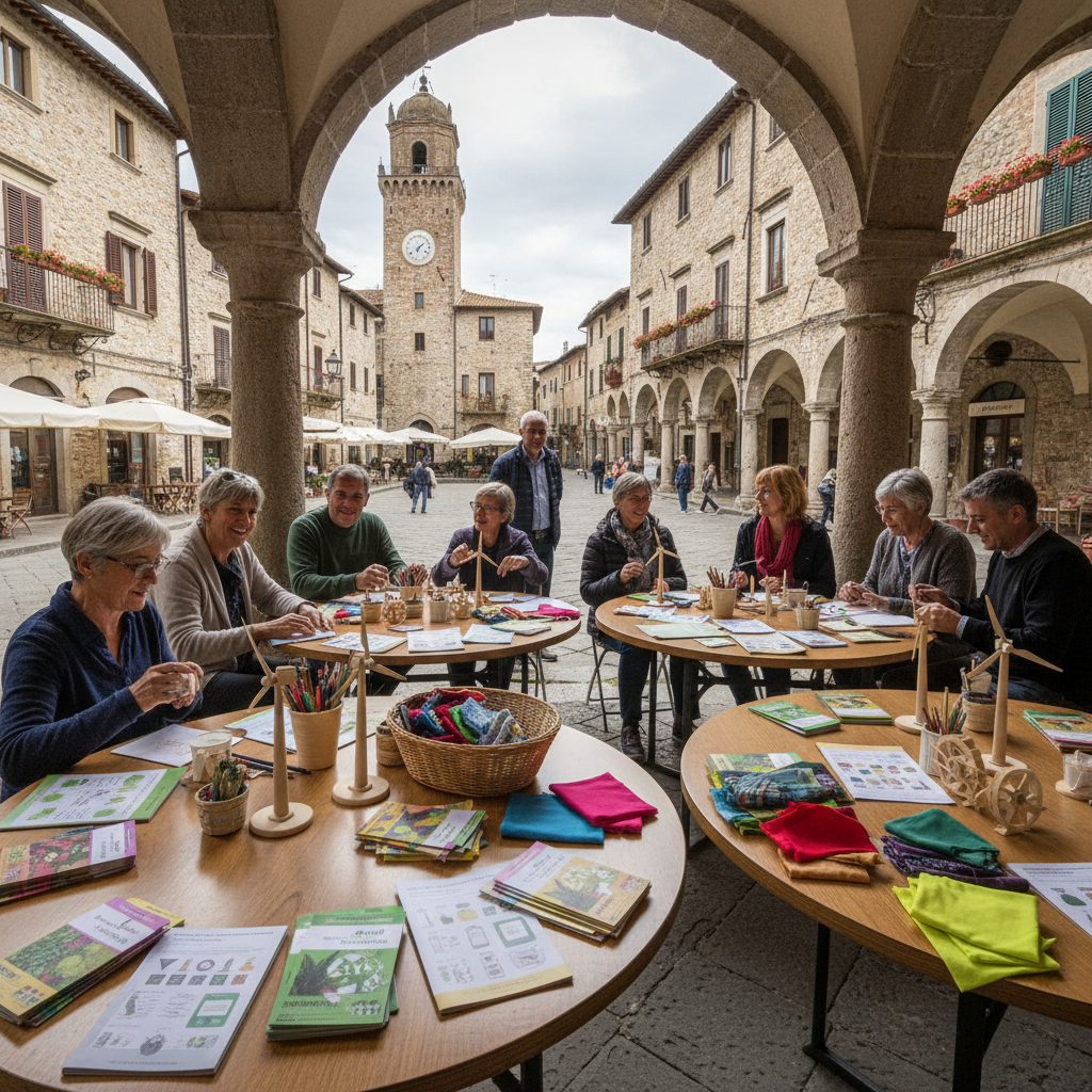 An inclusive community hub for lifelong learning, set in a small Italian town square inspired by Castellabate, with a sheltered outdoor area containing circular tables covered with craft materials: seed packets, illustrated recycling guides without text, simple wooden models of renewable energy systems, and colorful fabric pieces. The surrounding stone buildings and balconies frame the scene. Overhead, soft overcast light creates gentle, even illumination with very soft shadows, emphasizing textures of stone, wood, and paper. Photographic realism from a wide, slightly elevated viewpoint, ensuring sharp detail on the educational materials in the foreground and a gradual softening toward the square, conveying a welcoming, socially inclusive atmosphere of adult community education.